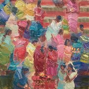 "Varanasi Light Offering"  20" x 8" (50 x 20 cm) Oil on linen 2018
